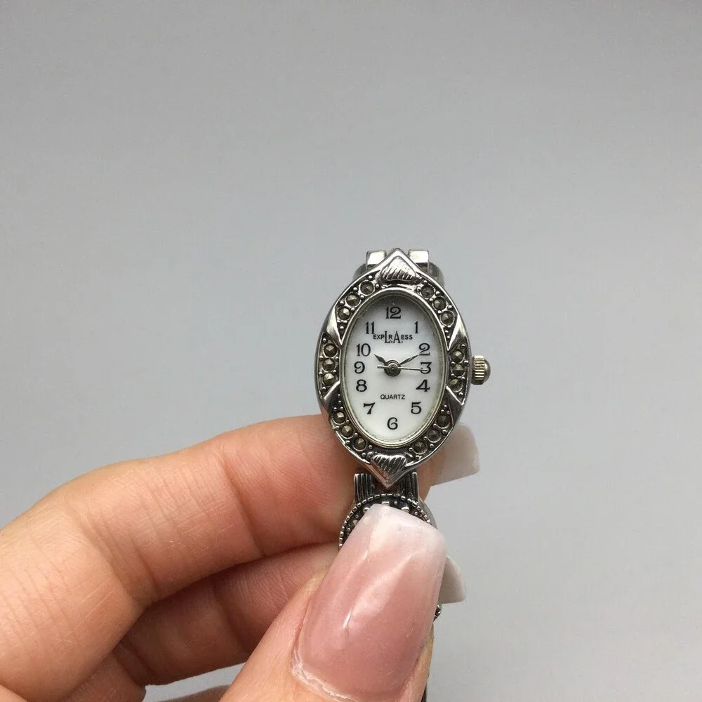 LA Express Womens Watch 18mm MOP Dial Silver Tone Marcasite Stretch New Battery
